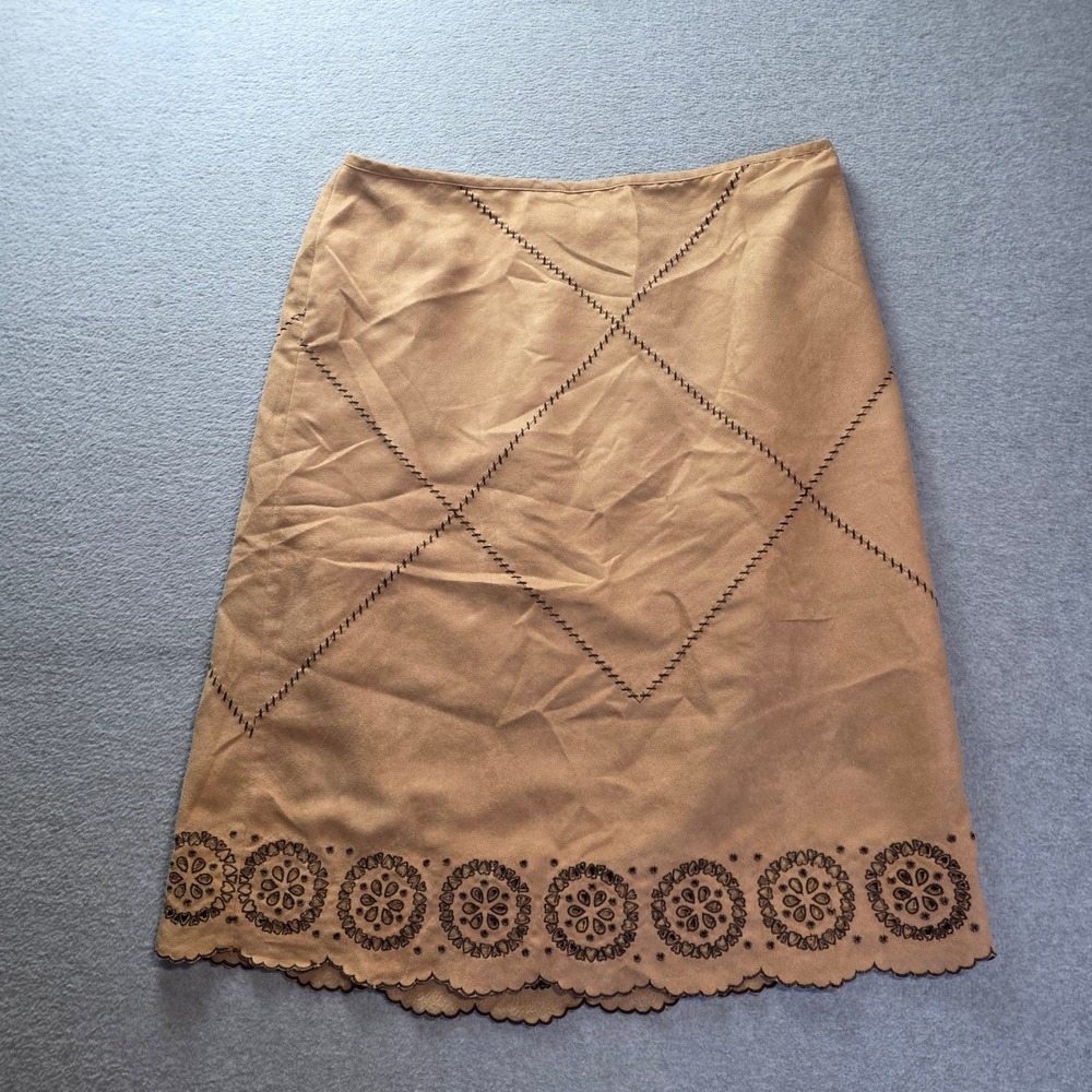 Edward Faux Suede Midi Skirt Womens 14 Tan Embroidered Cutout Western Boho Y2K